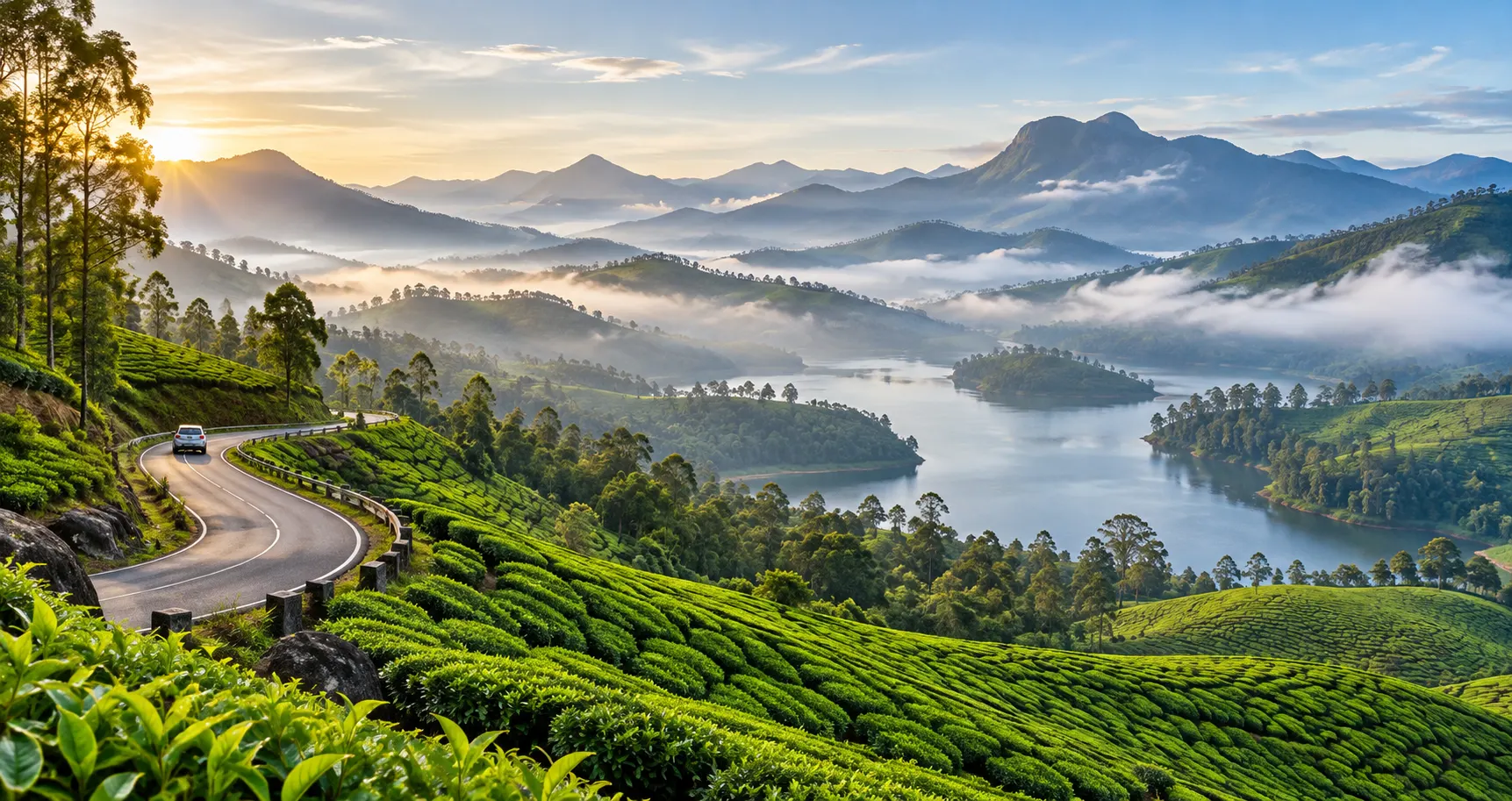 Tea estates and lush green hills around Munnar